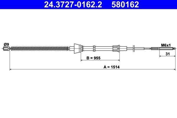 Vajer, parkeringsbroms, Bak Ate 24.3727-0162.2 ATE
