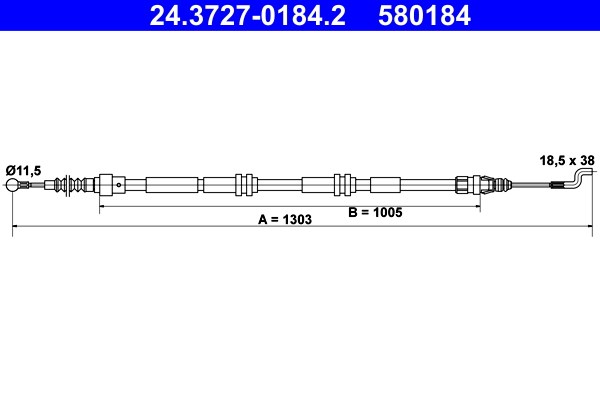 Vajer, parkeringsbroms, Bak Ate 24.3727-0184.2 ATE
