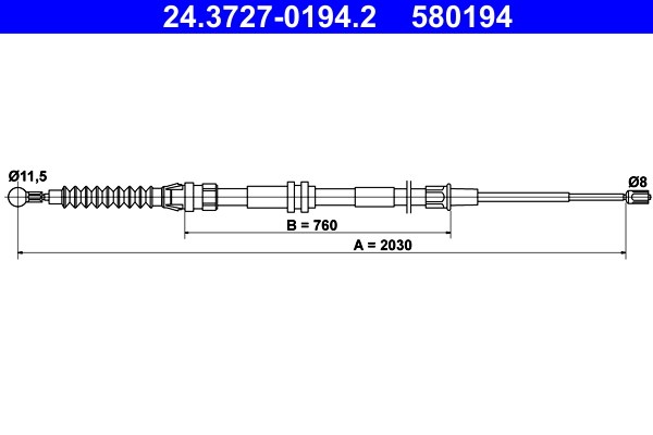 Vajer, parkeringsbroms, Bak Ate 24.3727-0194.2 ATE