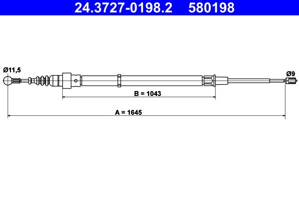 Vajer, parkeringsbroms, Bak Ate 24.3727-0198.2 ATE