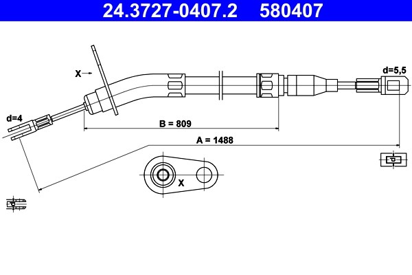 Vajer, parkeringsbroms, Bak Ate 24.3727-0407.2 ATE
