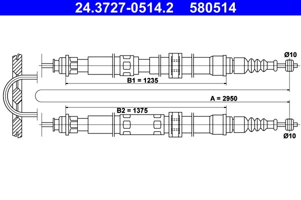 Vajer, parkeringsbroms, Bak Ate 24.3727-0514.2 ATE