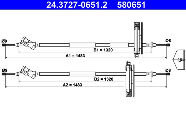 Vajer, parkeringsbroms, Bak Ate 24.3727-0651.2 ATE