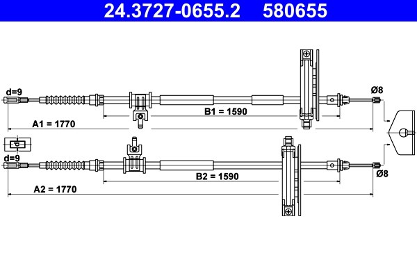 Vajer, parkeringsbroms, Bak Ate 24.3727-0655.2 ATE