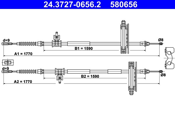 Vajer, parkeringsbroms, Bak Ate 24.3727-0656.2 ATE