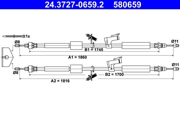 Vajer, parkeringsbroms, Bak Ate 24.3727-0659.2 ATE