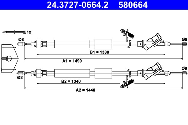 Vajer, parkeringsbroms, Bak Ate 24.3727-0664.2 ATE