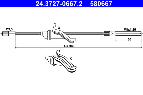 Vajer, parkeringsbroms, Fram Ate 24.3727-0667.2 ATE