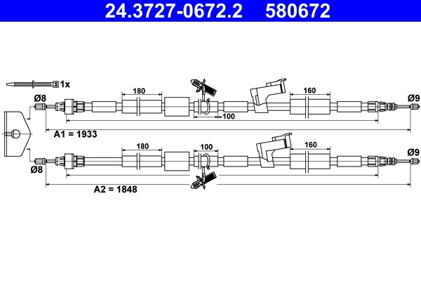 Vajer, parkeringsbroms, Bak Ate 24.3727-0672.2 ATE