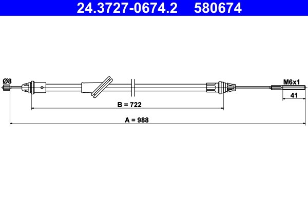 Vajer, parkeringsbroms, Fram Ate 24.3727-0674.2 ATE