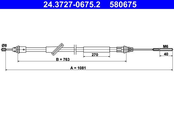 Vajer, parkeringsbroms, Fram Ate 24.3727-0675.2 ATE