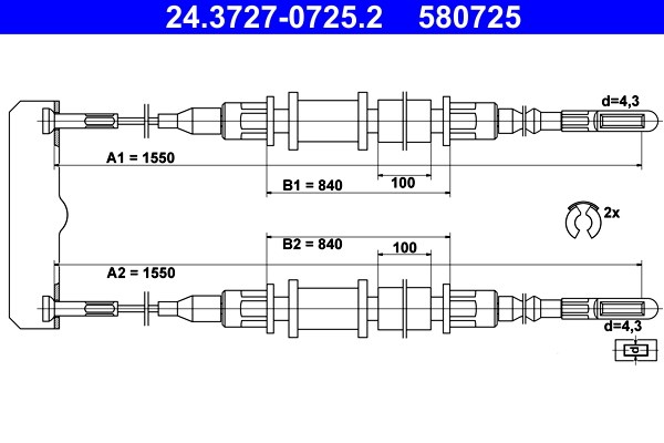 Vajer, parkeringsbroms, Bak Ate 24.3727-0725.2 ATE