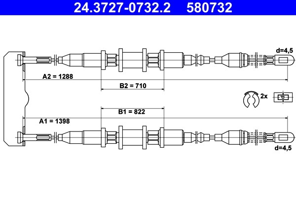 Vajer, parkeringsbroms, Bak Ate 24.3727-0732.2 ATE
