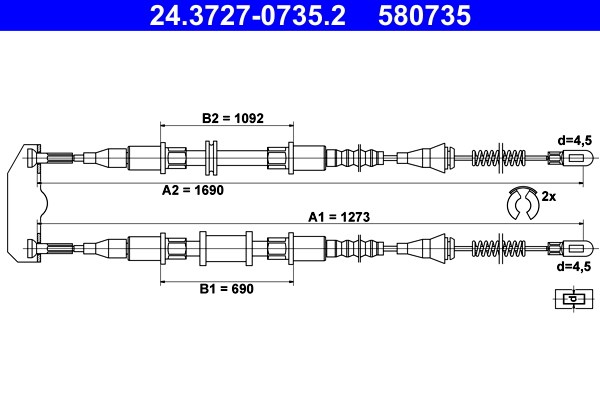 Vajer, parkeringsbroms, Bak Ate 24.3727-0735.2 ATE