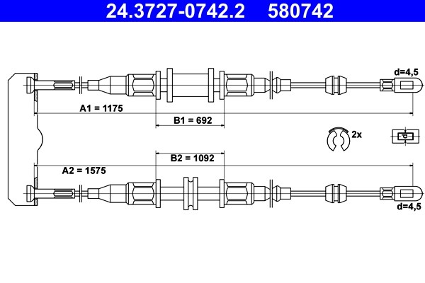 Vajer, parkeringsbroms, Bak Ate 24.3727-0742.2 ATE
