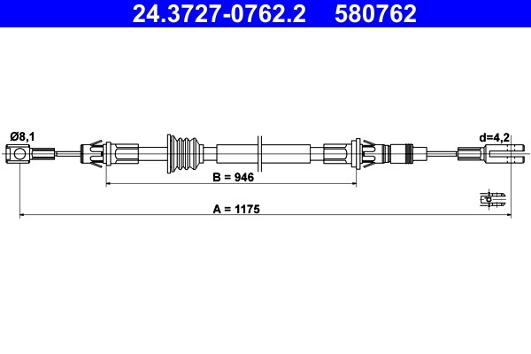 Vajer, parkeringsbroms, Fram Ate 24.3727-0762.2 ATE