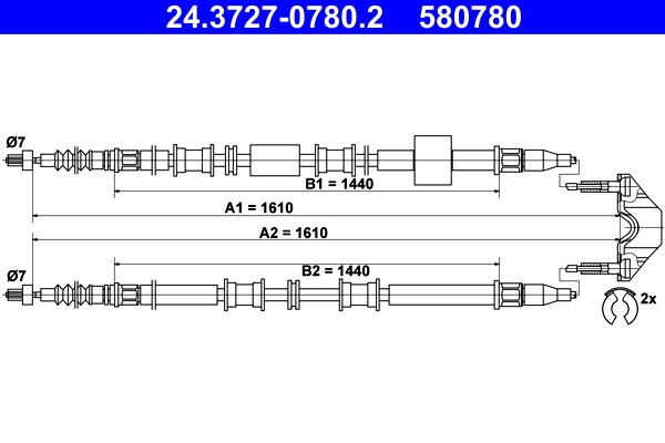 Vajer, parkeringsbroms, Bak Ate 24.3727-0780.2 ATE