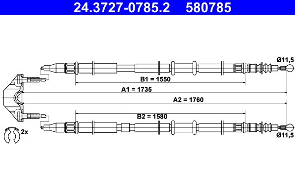 Vajer, parkeringsbroms, Bak Ate 24.3727-0785.2 ATE