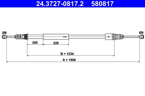 Vajer, parkeringsbroms, Bak Ate 24.3727-0817.2 ATE