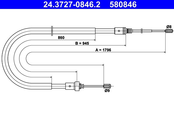 Vajer, parkeringsbroms, Bak Ate 24.3727-0846.2 ATE
