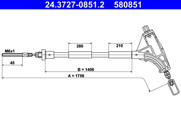 Vajer, parkeringsbroms, Fram Ate 24.3727-0851.2 ATE