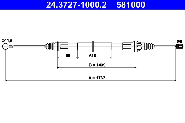 Vajer, parkeringsbroms, Bak Ate 24.3727-1000.2 ATE