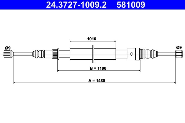 Vajer, parkeringsbroms, Bak Ate 24.3727-1009.2 ATE