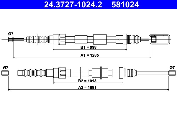 Vajer, parkeringsbroms, Bak Ate 24.3727-1024.2 ATE