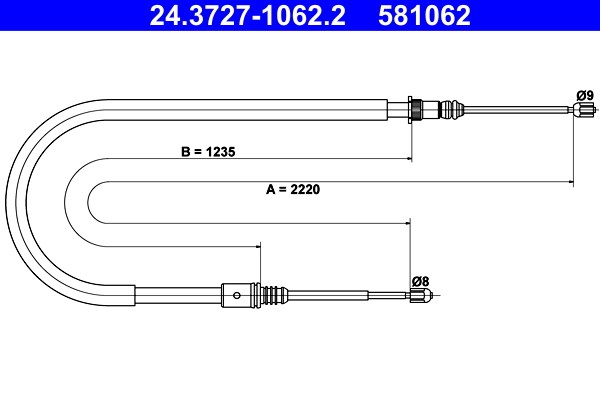 Vajer, parkeringsbroms, Bak Ate 24.3727-1062.2 ATE
