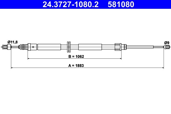 Vajer, parkeringsbroms, Bak Ate 24.3727-1080.2 ATE