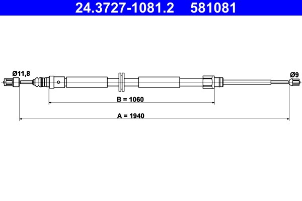Vajer, parkeringsbroms, Bak Ate 24.3727-1081.2 ATE