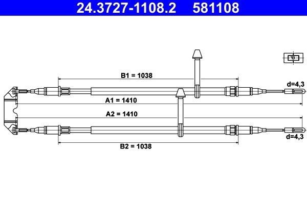 Vajer, parkeringsbroms, Bak Ate 24.3727-1108.2 ATE