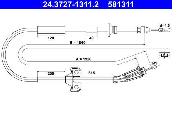 Vajer, parkeringsbroms, Bak Ate 24.3727-1311.2 ATE