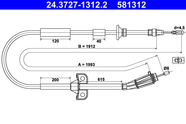 Vajer, parkeringsbroms, Bak Ate 24.3727-1312.2 ATE