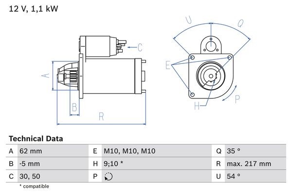 Startmotor 12V Bosch 0 986 016 530 BOSCH