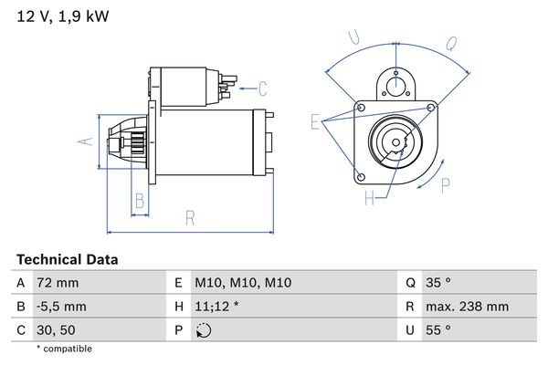 Startmotor 12V Bosch 0 986 025 470 BOSCH