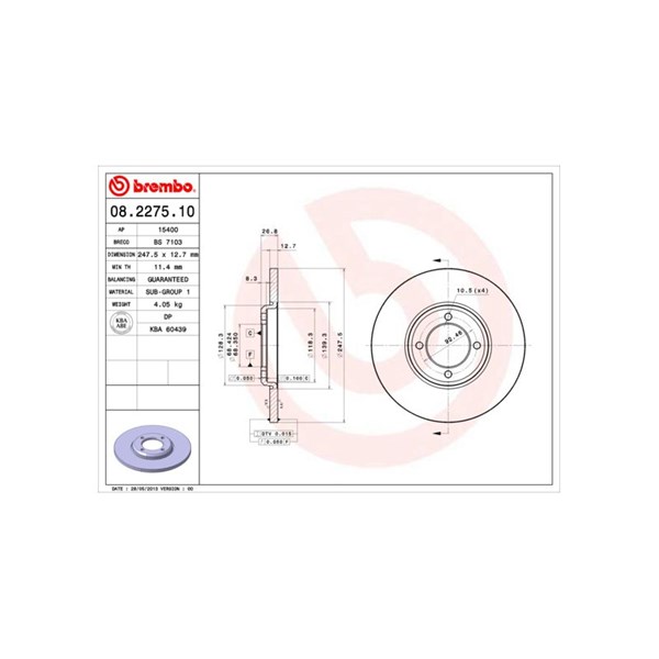 Bromsskiva Solid, Framaxel Brembo 08.2275.10 BREMBO