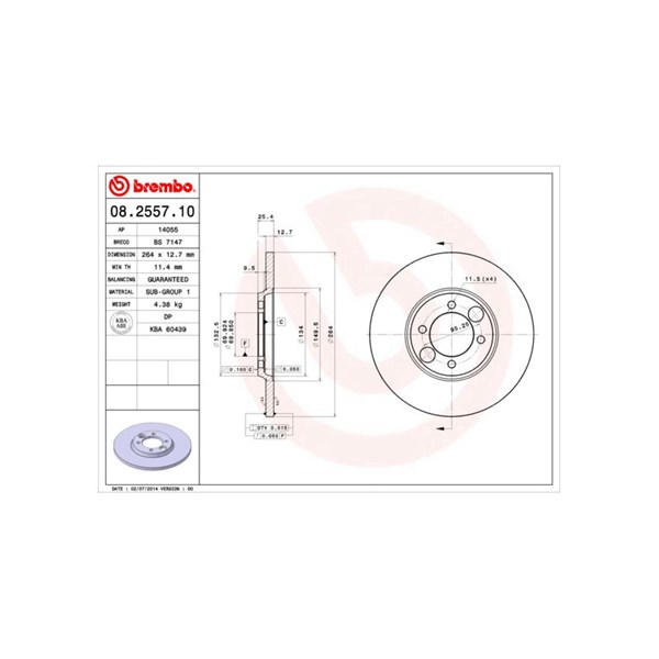 Bromsskiva Solid, Bakaxel Brembo 08.2557.10 BREMBO