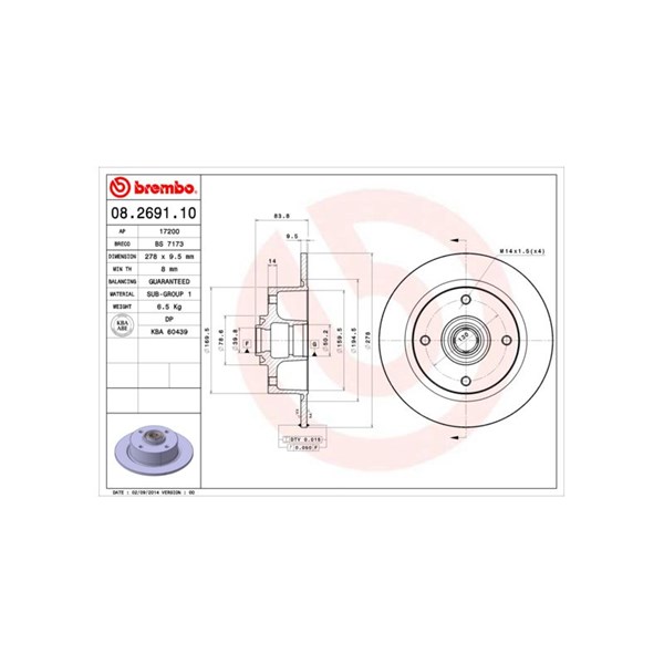 Bromsskiva Solid, Framaxel Brembo 08.2691.10 BREMBO