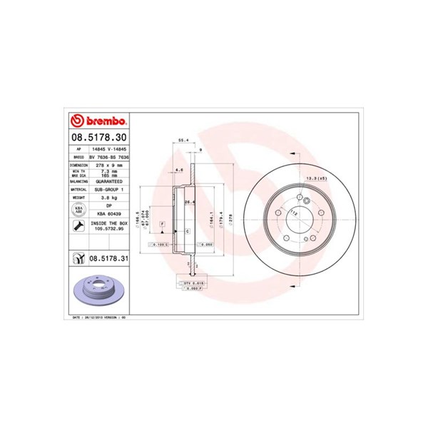 Bromsskiva Solid, Bakaxel Brembo Coated disc line 08.5178.31 BREMBO