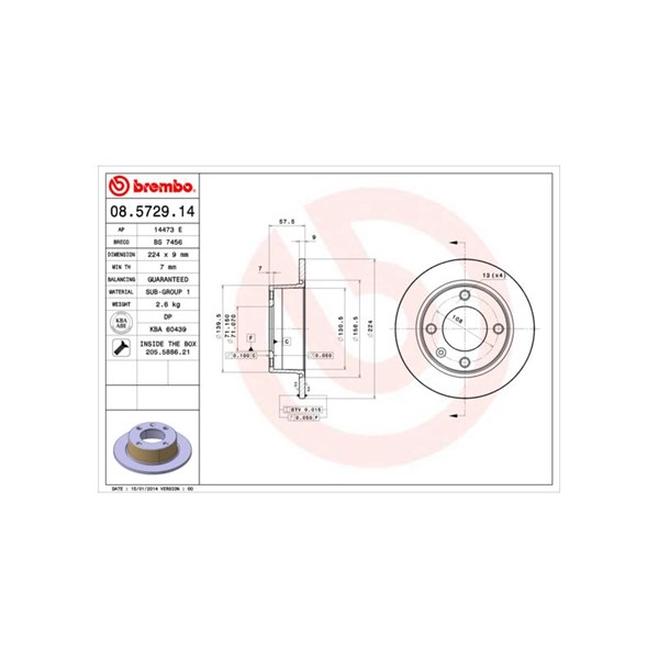 Bromsskiva Solid, Bakaxel Brembo 08.5729.14 BREMBO