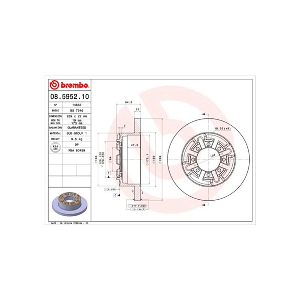 Bromsskiva Solid, Bakaxel Brembo 08.5952.10 BREMBO