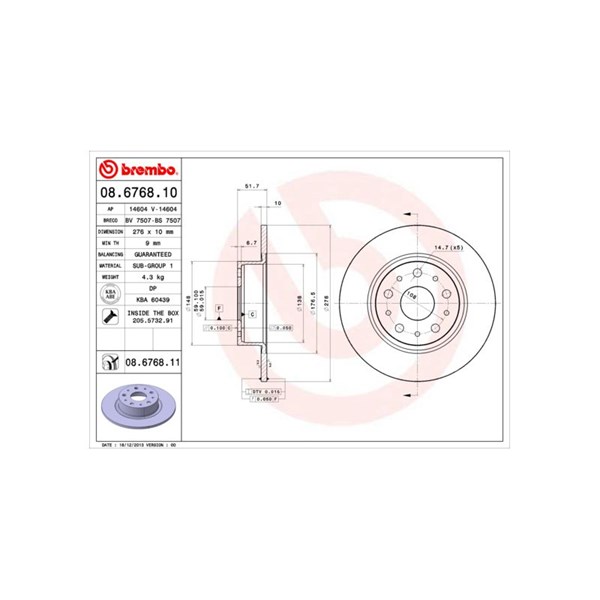 Bromsskiva Solid, Bakaxel Brembo Coated disc line 08.6768.11 BREMBO