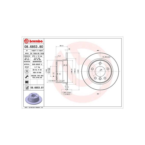 Bromsskiva Solid, Bakaxel Brembo Coated disc line 08.6853.81 BREMBO