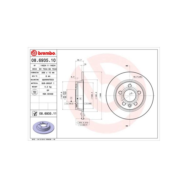 Bromsskiva Solid, Bakaxel Brembo Coated disc line 08.6935.11 BREMBO