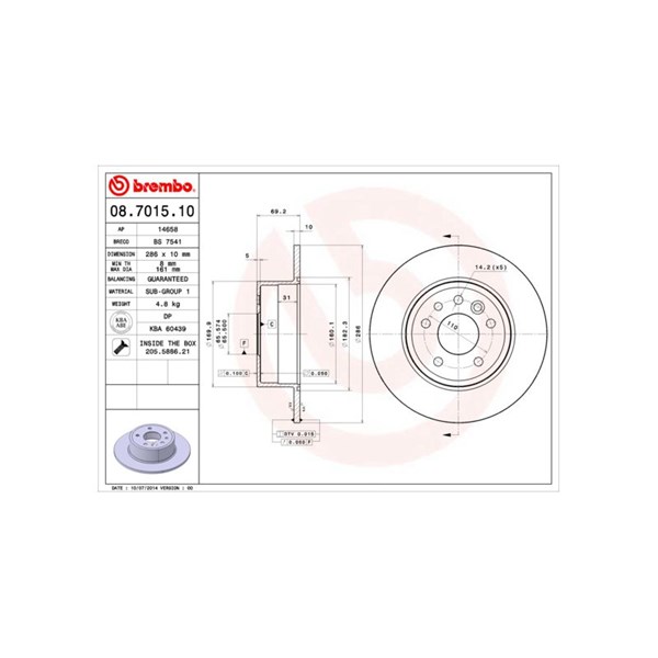 Bromsskiva Solid, Bakaxel Brembo 08.7015.10 BREMBO