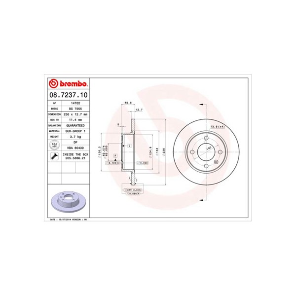 Bromsskiva Solid, Framaxel Brembo 08.7237.10 BREMBO