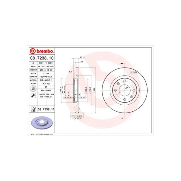 Bromsskiva Solid, Framaxel Brembo 08.7238.10 BREMBO