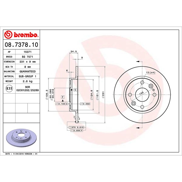 Bromsskiva Solid, Bakaxel Brembo 08.7378.10 BREMBO
