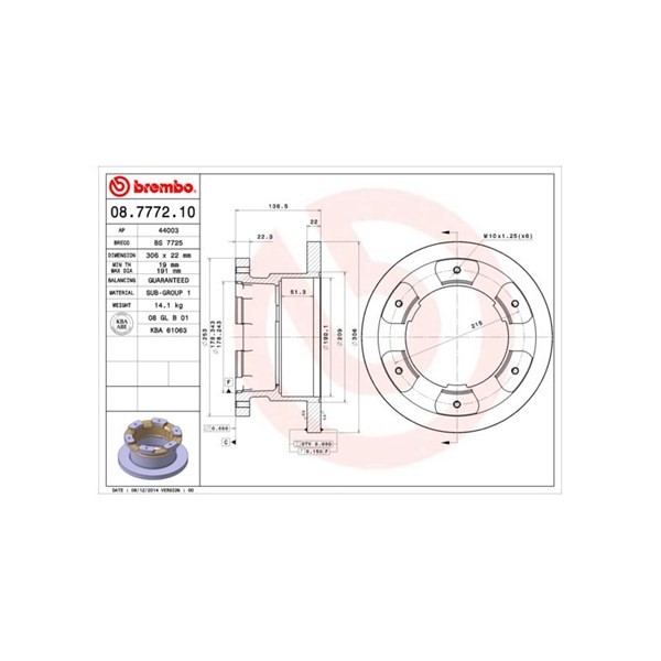 Bromsskiva Solid, Bakaxel Brembo 08.7772.10 BREMBO